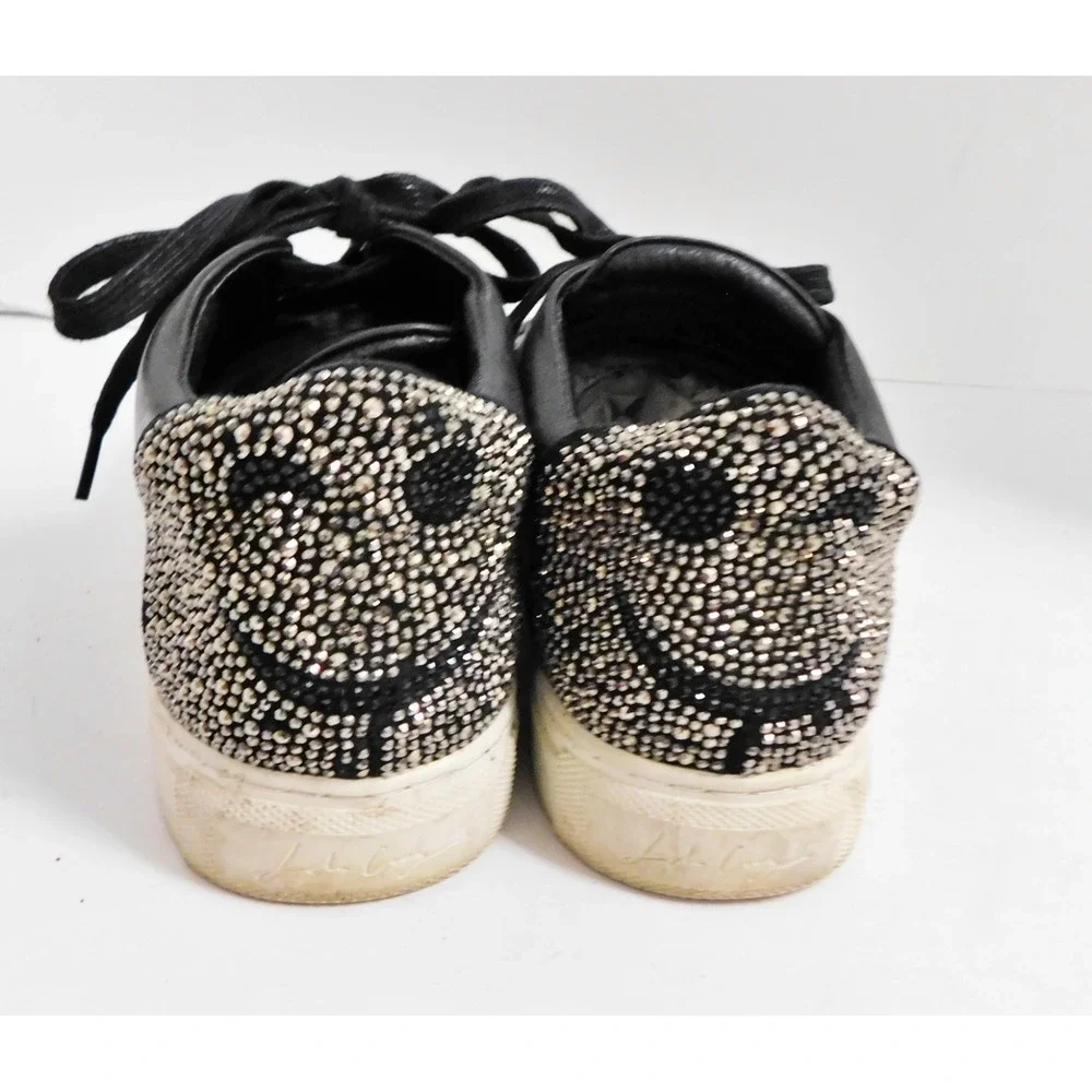 Lola Cruz Anthropologie Rhinestone Wink Smiley Face Black Leather Sneakers sz 38